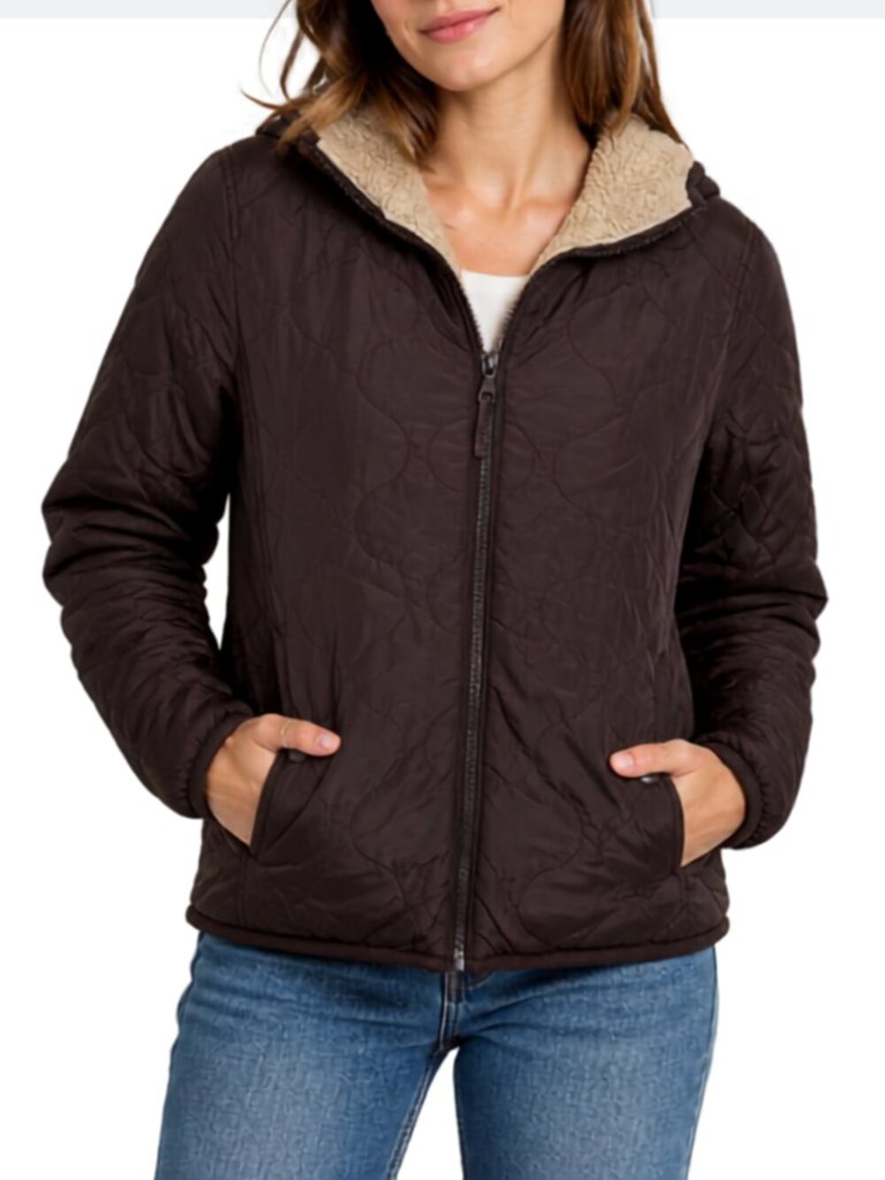 Uniqlo Pile Lined Fleece Quilted Parka Brown Full Zip Hooded Jacket Womens Sz S